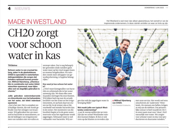AD Westland: CH2O zorgt voor schoon water in de kas