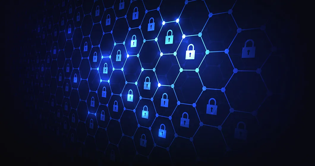 Netwerkstructuur met verlichte hangsloten in zeshoekpatroon – symbool voor cybersecurity.